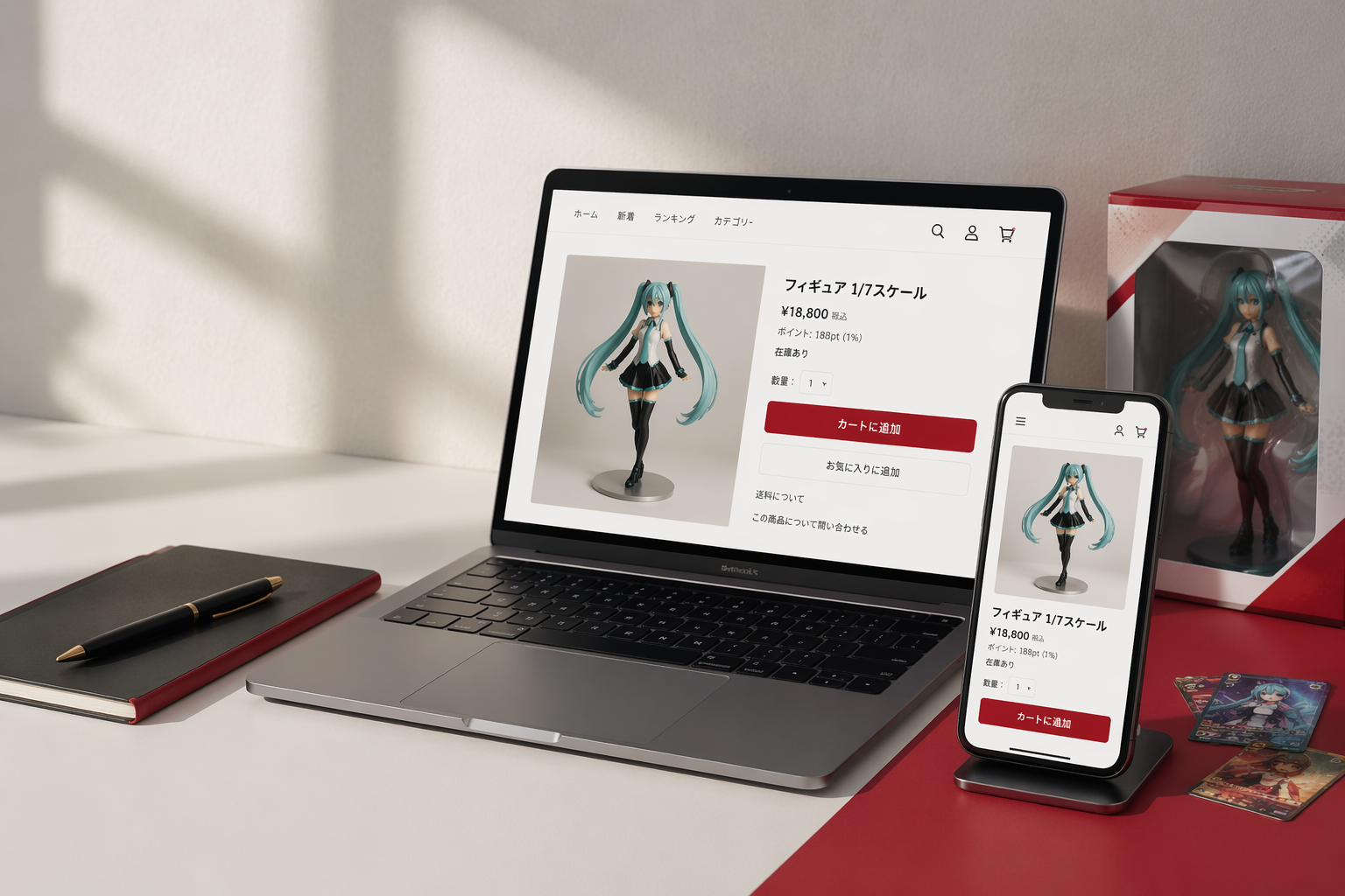 Página de produto em loja japonesa exibida em notebook e celular ao lado de uma figure em uma mesa limpa
